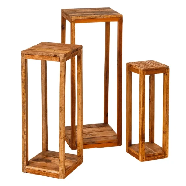 Warenpräsentation | Naturdeko^DecoWoerner Holz-Beistell-Tische Säulen-Set 60, 75, 90 Cm braun