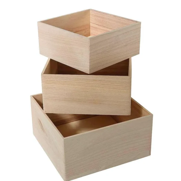 Pflanzengefäße & Dekorationshilfen^DecoWoerner Holzkisten-Satz Quadratisch, Set à 3 Stück Naturholz