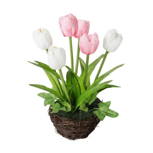 Kunstblumen^DecoWoerner Künstliche Tulpen Im Korb - Weiß , 20 Cm rosa