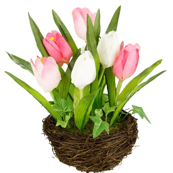 Frühlingsdeko | Kunstblumen^DecoWoerner Künstliche Tulpen Im Korb - Weiß, 25 Cm rosa