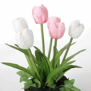 Kunstblumen^DecoWoerner Künstliche Tulpen Im Korb - Weiß , 20 Cm rosa
