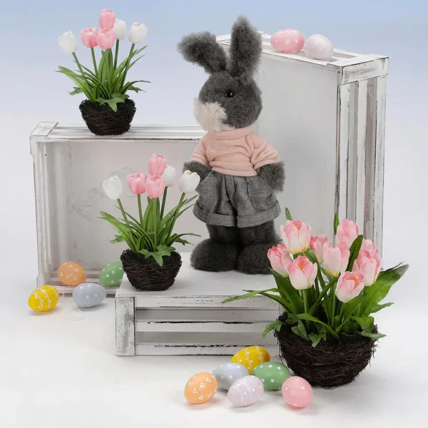 Kunstblumen^DecoWoerner Künstliche Tulpen Im Korb - Weiß , 20 Cm rosa