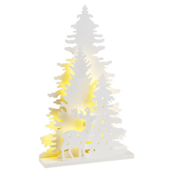 Weihnachtsfiguren^DecoWoerner LED Holz Aufsteller Hirsch Mit Tannenbäumen weiß
