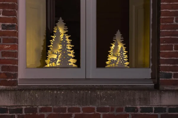 Weihnachtsfiguren^DecoWoerner LED Holz Aufsteller Hirsch Mit Tannenbäumen weiß