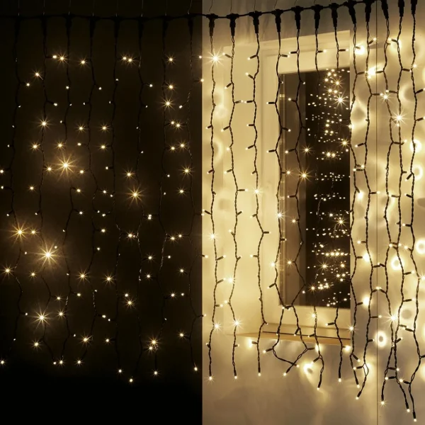 Weihnachtsbeleuchtung^DecoWoerner Lichtvorhang Schwarz 200 X 150cm, 300 LED Warm-weiß, IP44