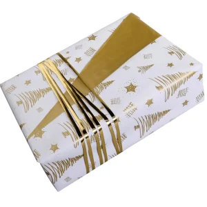 Geschenkpapier | Go Green - Nachhaltige Geschenkverpackung^DecoWoerner Nachhaltiges, Doppelseitiges Weihnachts-Geschenkpapier Mit Tannenbäumen & Sternen In – 50 M Geschenkpapier-Rolle gold