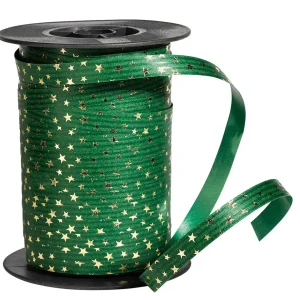 Geschenkband^DecoWoerner Poly-Ringelband "Sterne" 10 Mm, 100 M, Tannen grün