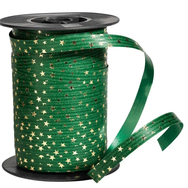 Geschenkband^DecoWoerner Poly-Ringelband "Sterne" 10 Mm, 100 M, Tannen grün
