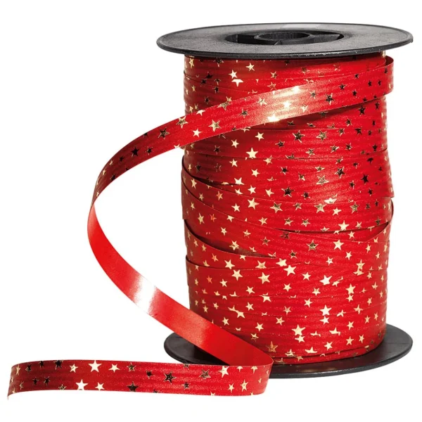 Geschenkband^DecoWoerner Poly-Ringelband "Sterne" 10 Mm, 100 M, rot
