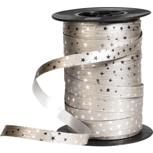 Geschenkband^DecoWoerner Poly-Ringelband "Sterne" 10 Mm, 100 M, silber