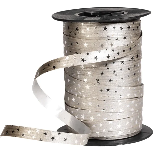 Geschenkband^DecoWoerner Poly-Ringelband "Sterne" 10 Mm, 100 M, silber