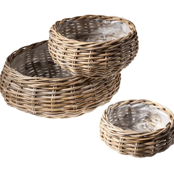 Pflanzengefäße & Dekorationshilfen^DecoWoerner Rattan-Pflanzkorb-Set Rund, 3-teilig, Ø25cm X 12cm, Ø36cm X 14cm, Ø45cm X 22cm braun