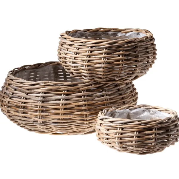 Pflanzengefäße & Dekorationshilfen^DecoWoerner Rattan-Pflanzkorb-Set Rund, 3-teilig, Ø25cm X 12cm, Ø36cm X 14cm, Ø45cm X 22cm braun