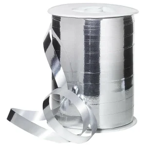 Geschenkband^DecoWoerner Ringelband Metallic, 10 Mm, 250 M, silber