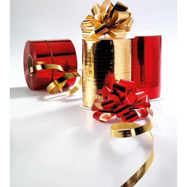 Geschenkband^DecoWoerner Ringelband Metallic, 10 Mm, 250 M, rot