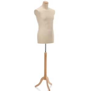 Schneiderpuppen^DecoWoerner Schneiderpuppe Männlich Ecru Auf Hell Eiche-Dreibeinständer 148 - 178 Cm Hoch Beige