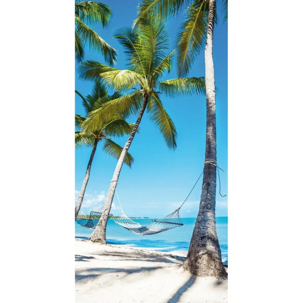 Sommerdeko | Sommer-Banner^DecoWoerner Schwer Entflammbarer Stoffbanner „Hängematte Unter Palmen Am Traumstrand“ Aus Fahnenstoff 100 X 200 Cm blau