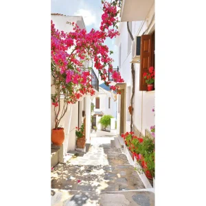 Sommerdeko | Sommer-Banner^DecoWoerner Schwer Entflammbarer Stoffbanner „mediterrane Gasse Mit Bougainvillea“ Aus Fahnenstoff 100 X 200 Cm rosa