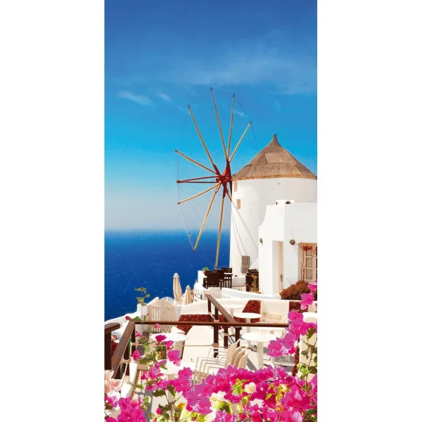 Sommerdeko | Sommer-Banner^DecoWoerner Schwer Entflammbarer Stoffbanner „Windmühle Am Griechischen Meer“ Aus Fahnenstoff 100 X 200 Cm weiß