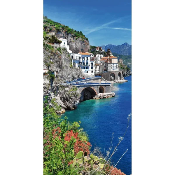 Sommerdeko | Sommer-Banner^DecoWoerner Schwer Entflammbarer Stoffbanner „Amalfiküste Am Italienischen Mittelmeer“ Aus Fahnenstoff 100 X 200 Cm blau