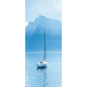 Sommerdeko | Sommer-Banner^DecoWoerner Schwer Entflammbarer Stoffbanner „Segelboot Vor Den Schweizer Alpen“ Aus Fahnenstoff 75 X 180 Cm blau