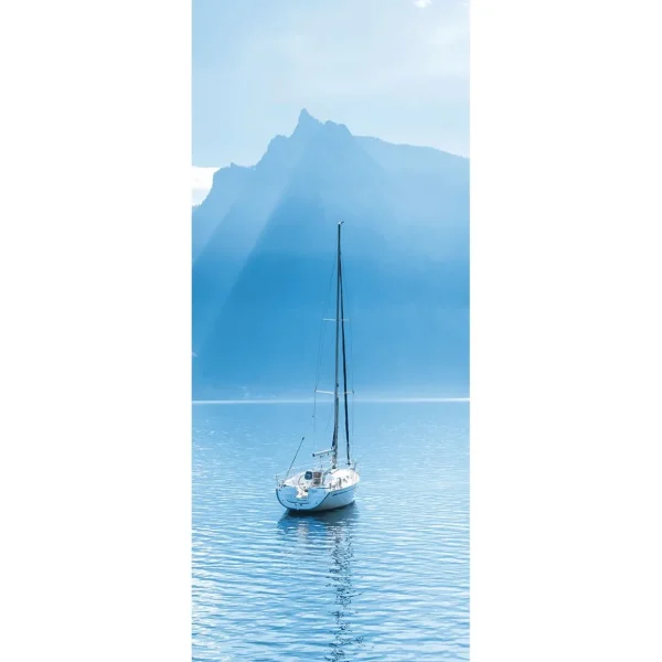 Sommerdeko | Sommer-Banner^DecoWoerner Schwer Entflammbarer Stoffbanner „Segelboot Vor Den Schweizer Alpen“ Aus Fahnenstoff 75 X 180 Cm blau