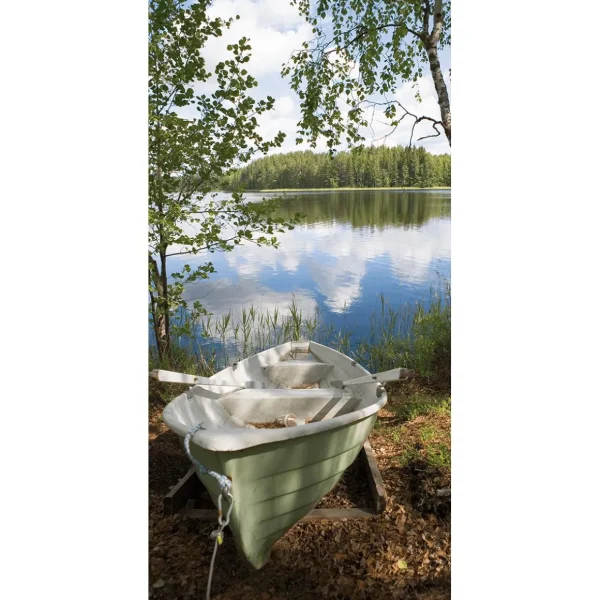 Sommerdeko | Sommer-Banner^DecoWoerner Schwer Entflammbarer Stoffbanner „Ruderboot Am See“ Aus Fahnenstoff 100 X 200 Cm grün