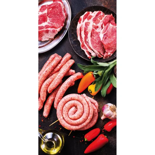 Themen-Banner^DecoWoerner Schwer Entflammbarer Stoffbanner „Fleisch & Würstchen“ Aus Fahnenstoff 100 X 200 Cm mehrfarbig