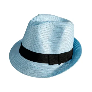 Sommerdeko^DecoWoerner Stroh-Hut Mit Schwarzem Band 30 Cm blau