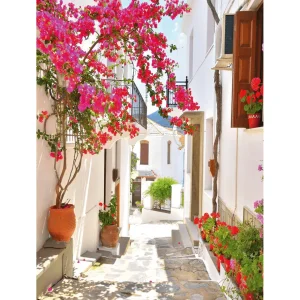 Xxl-Banner^DecoWoerner XL-Stoffbanner „mediterrane Gasse Mit Bougainvillea“ Aus Schwer Entflammbarem Fahnenstoff 150 X 200 Cm rosa